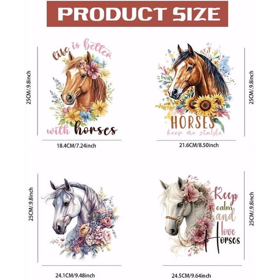 4PCS Horse and Flowers Iron On Transfer Patches Animals Heat Transfer Stickers DIY Iron On Decals Washable Heat Transfers Paper for Clothing T-Shirt Backpacks Bag Pillow Decor Applique