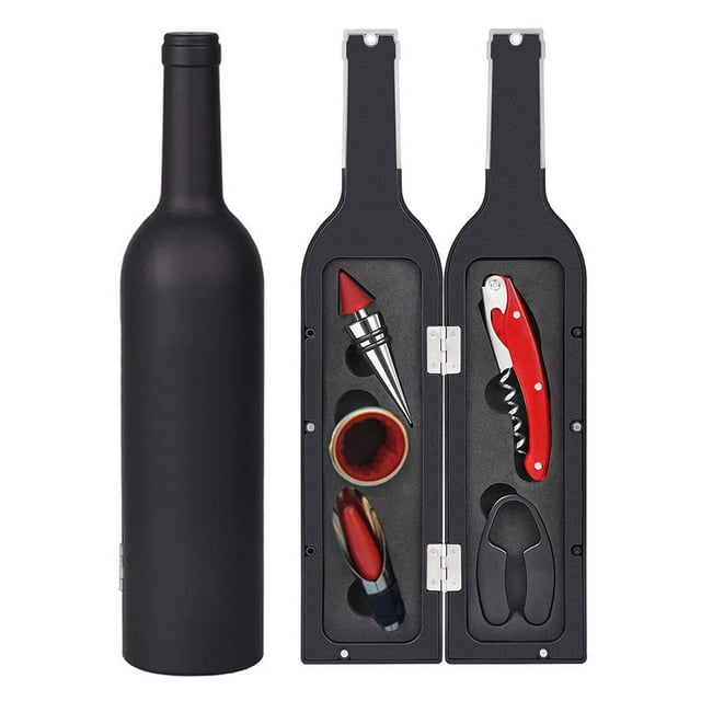 5 piece Set Wine Opener Gift Set, Drip Ring, Foil Cutter, Wine Pourer and Stopper In Bottle shaped