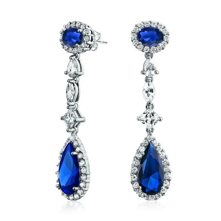 - Simulated Sapphire CZ Pear Chandelier Earrings Silver Plated