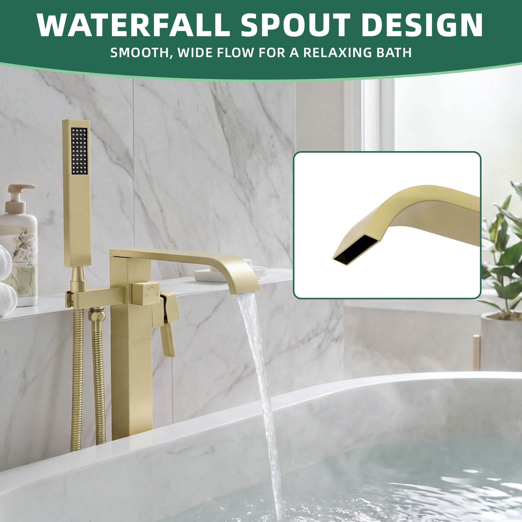 Free Standing Tub Faucet, High Flow Freestanding Bathtub Faucet with Waterfall Spout & Handheld Shower, 360°Swivel Tub Filler, Brass Body, Brushed Gold