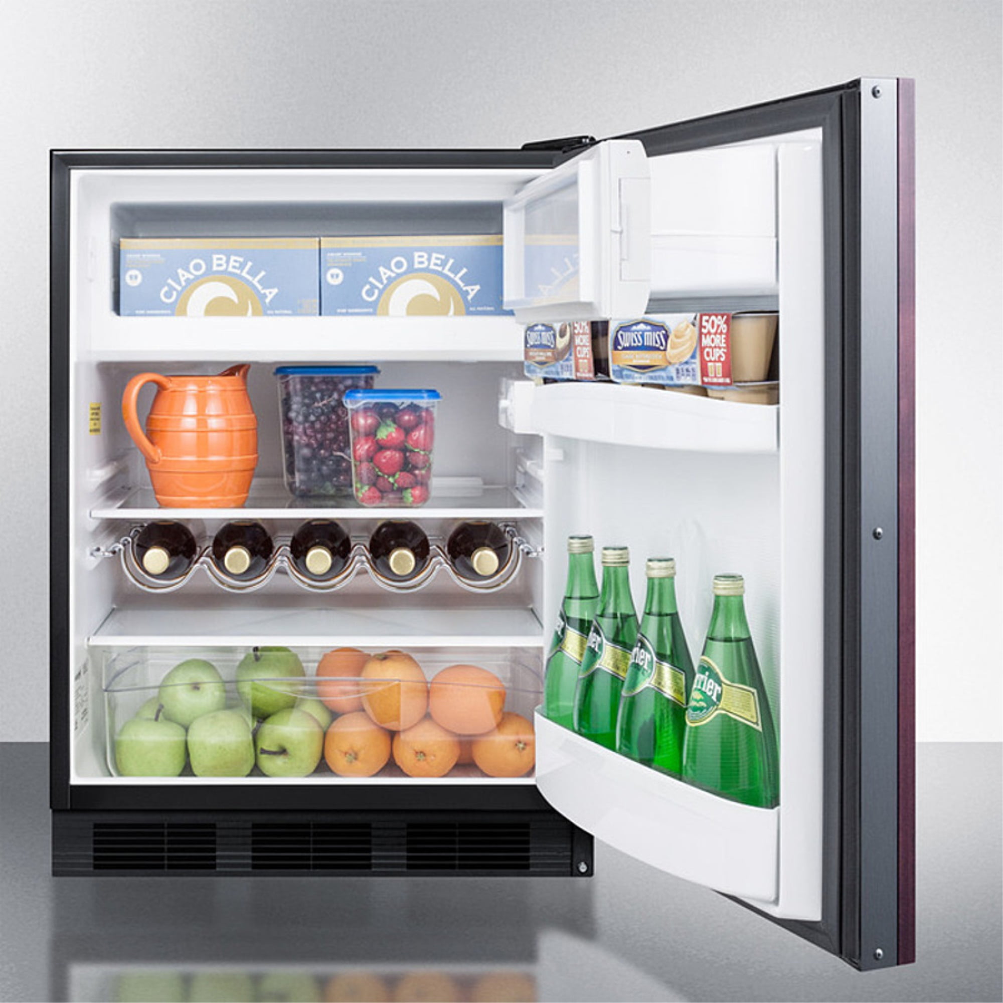 ADA compliant built-in undercounter all-refrigerator for residential use, auto defrost with integrated door frame for custom panel overlays and black cabinet