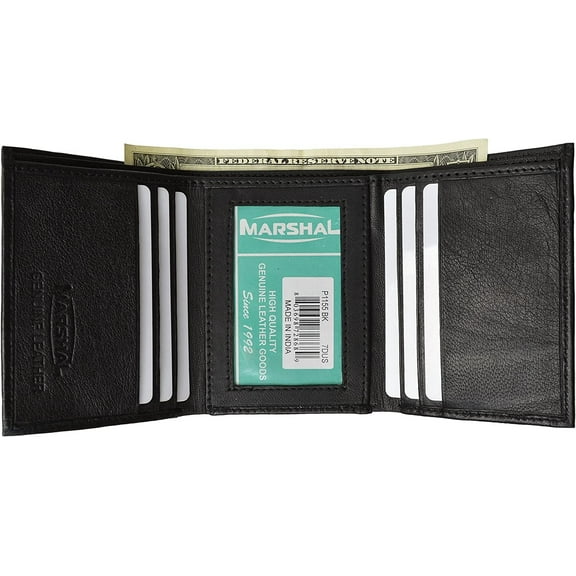 Leather Men Trifold Wallet with 6 credit card slots and center internal window ID Black by Marshal