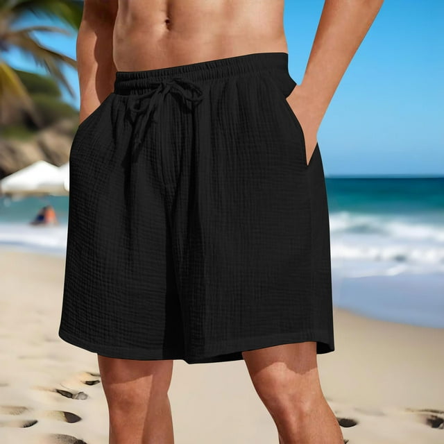 Admvng Mens Shorts Solid Color Holiday Breathable Elastic Waist Shorts with Pockets S-3XL