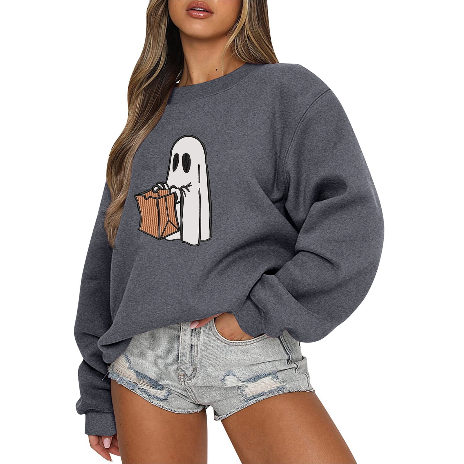 Meichang Chandails en Molleton d'Halloween pour Femmes Mode Automne Imprimé Fantôme Chandail Ample Confortable Col Rond Chandail en Molleton Orange Manches Longues Hauts Décontractés en Polaire