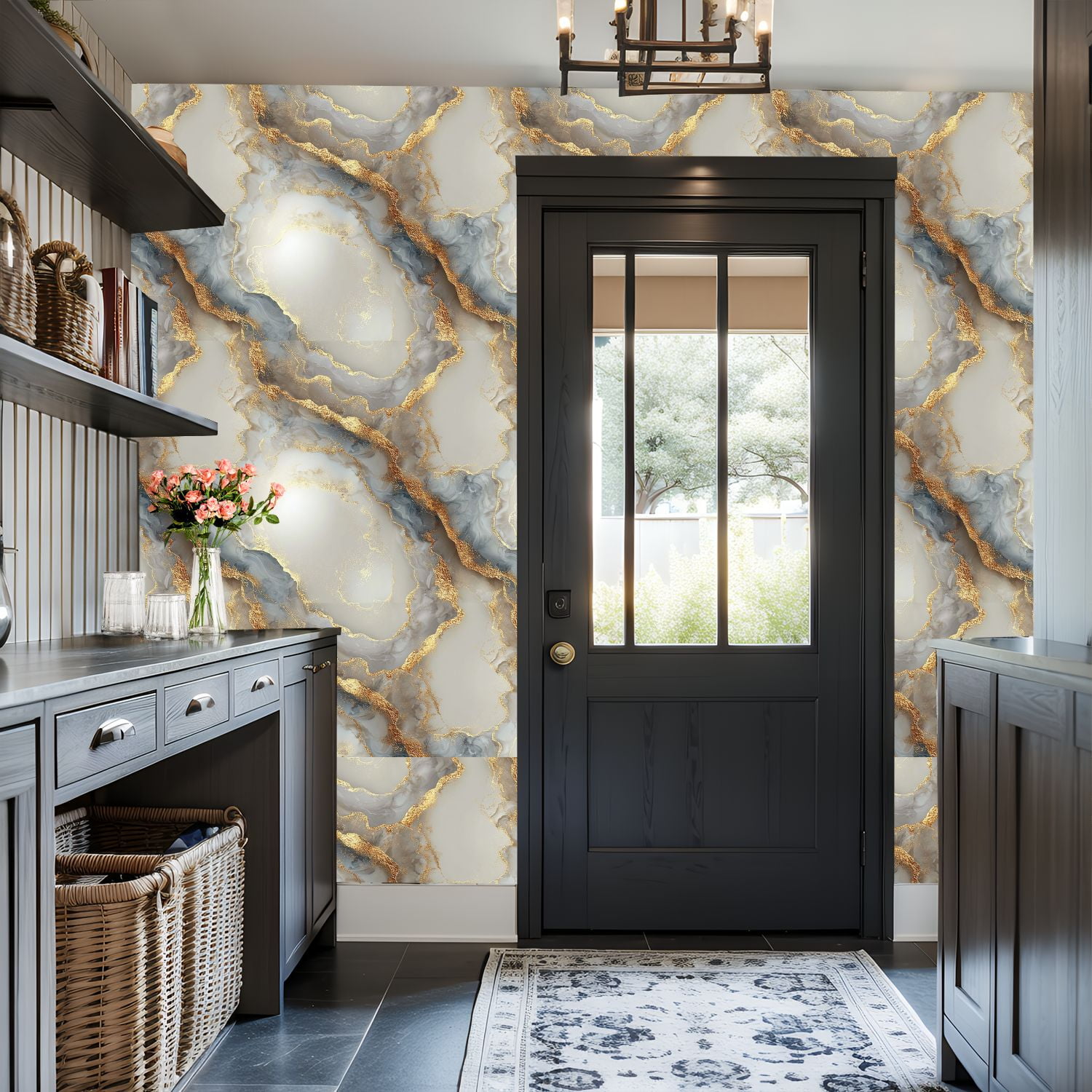 Peel and Stick Wallpaper 17.7in x 9.8ft Abstract Gold Grey Marble Flowing Lines Glimmering Texture Contact Paper Vinyl Self-Adhesive Removable Wall Paper for Bedroom DIY Home Decor Renter Friendly