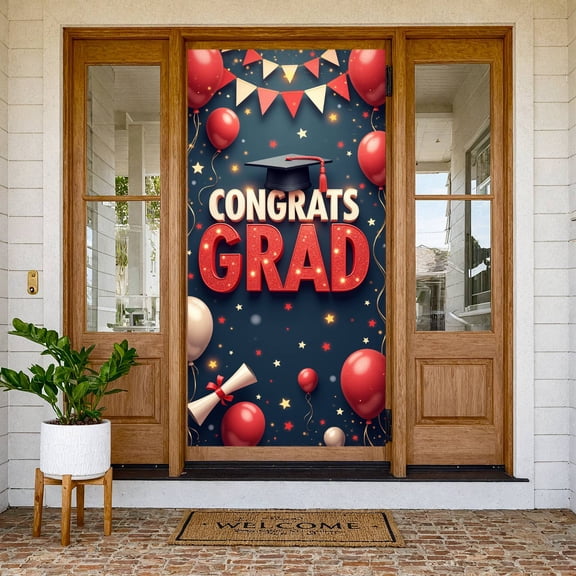 Red Balloons Graduation Banner Grad Cap Congrats Grad Display Star Decorations Streamers Grad Party Backdrop for Graduation Ceremony College Graduation Grad Party