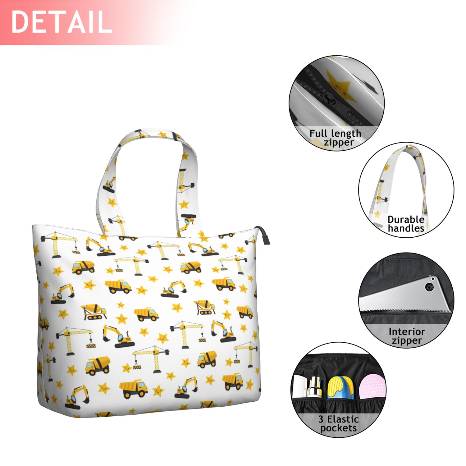 Cartoon Construction Vehicles Stars White Pattern Travel Tote Bags for Women Carry On,Large Weekender Bags for Women Travel,Multi Functional Duffle Bag for Work,Shopping,Sports