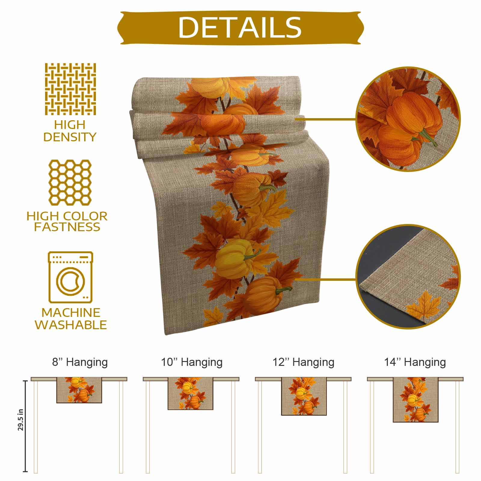 Fall Thanksgiving Cotton Linen Table Runner, Washable Table Runners for Kitchen, Dining Room, Holiday, Home Party Table Decor, 13x120 Inches
