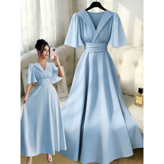 Baby Blue Collared V-Neck Waist-Pleated Chiffon Ruffle Sleeve Elegant Maxi Dress