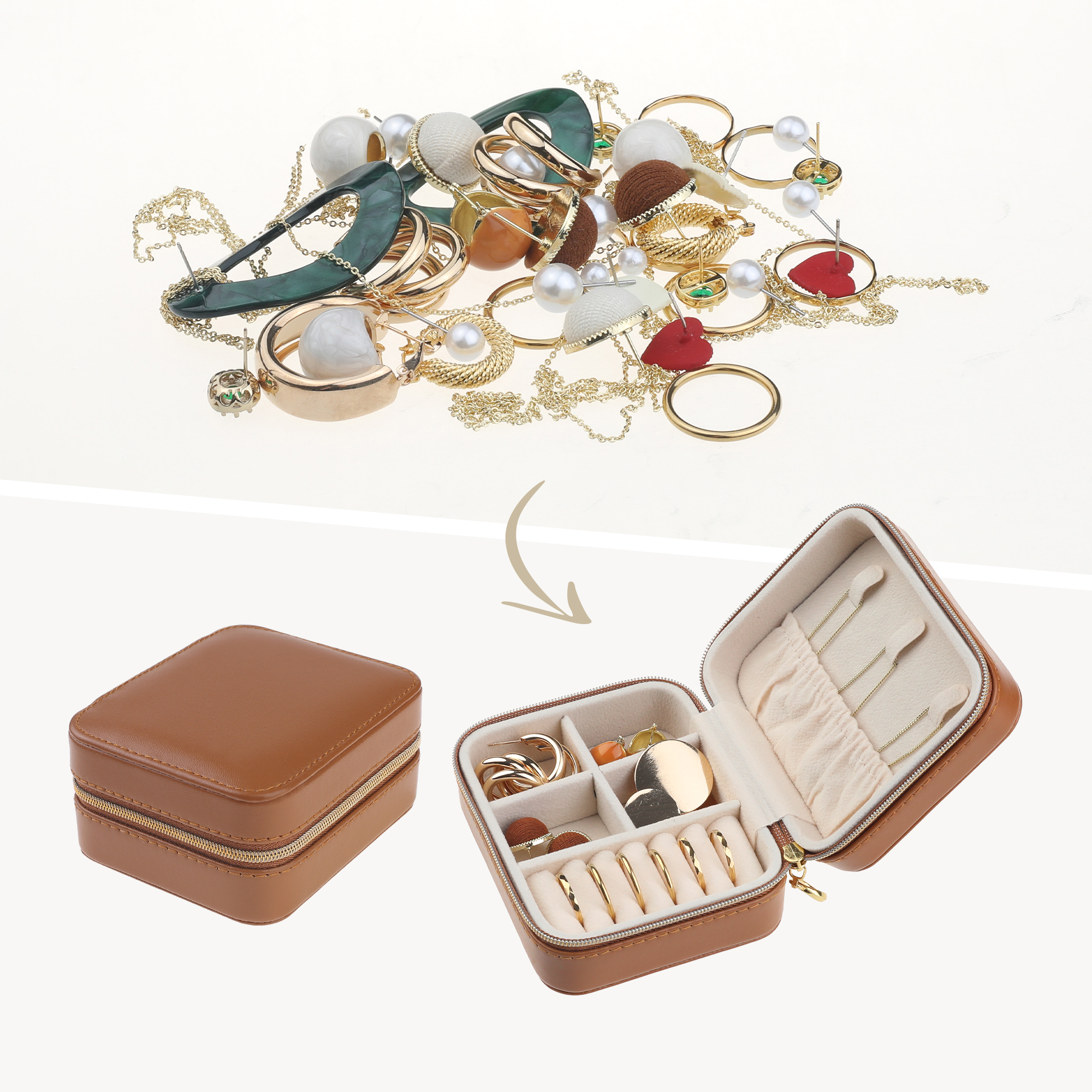 Unique Bargains Jewelry Box Small Portable PU Leather Jewelry Organizer Case Storage Brown