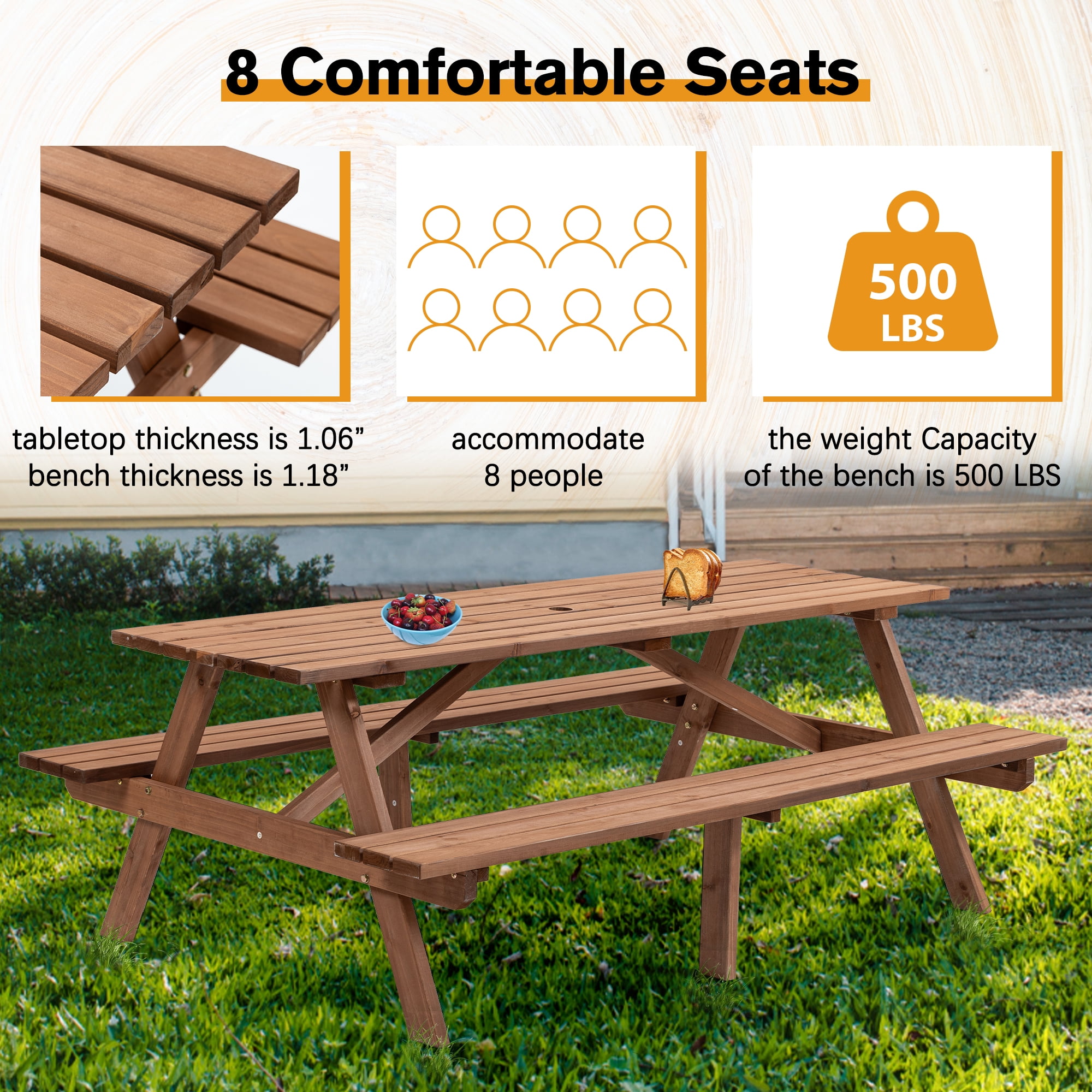 8-Person Rectangle Outdoor Wooden Picnic Table w/ 2 Built-In Benches,Outdoor Camping Dining Table for Backyard,Garden,Patio,2220 lbs Capacity