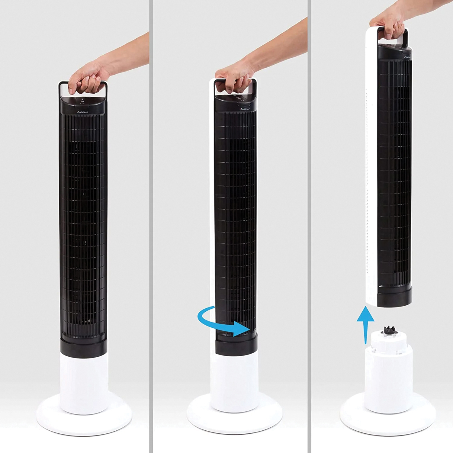 Aspen 40-In. 4-Speed Oscillating, Washable Smart Tower Fan with Remote, ASTF-A40-BLK, White and Black, ASTF-A40-BLK