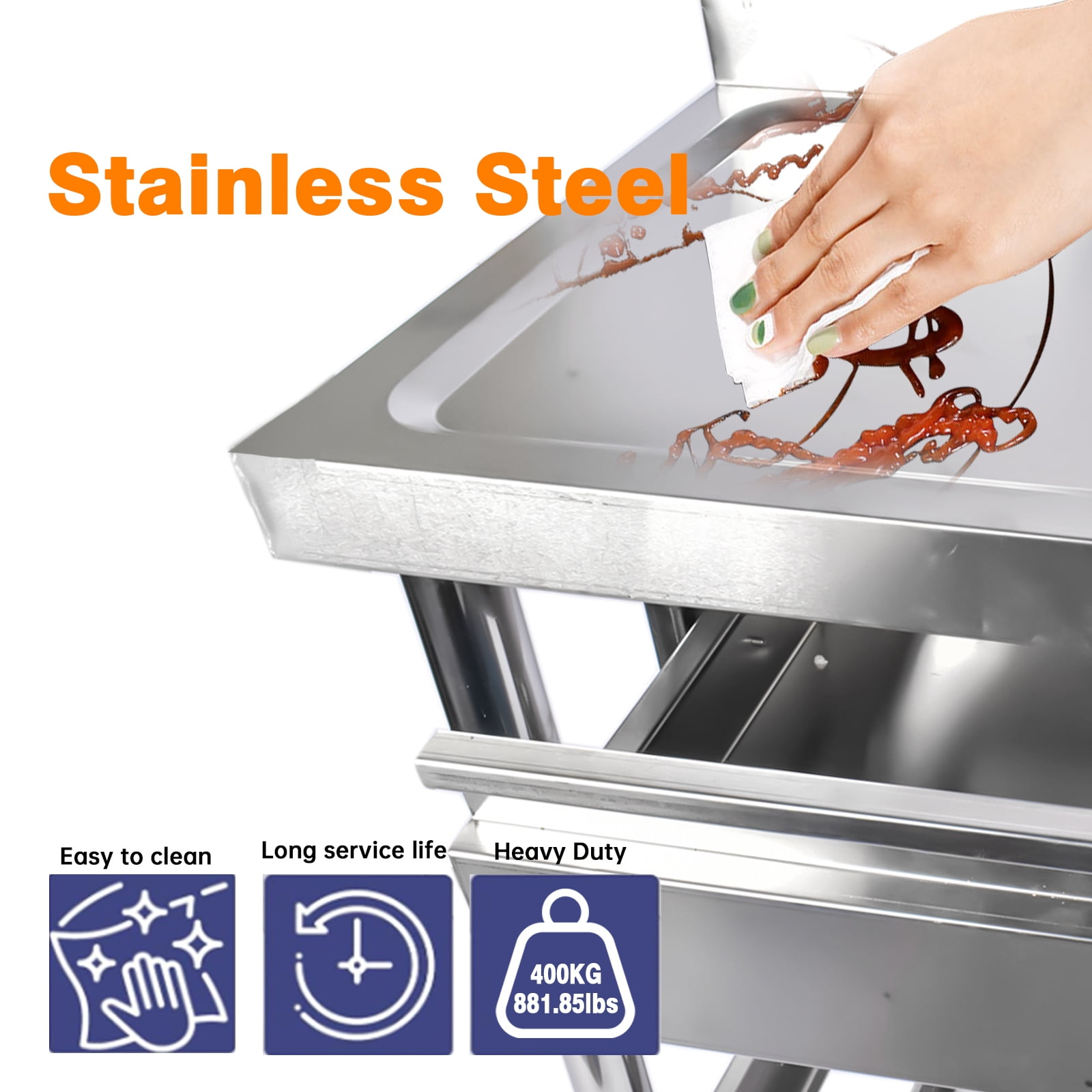 GELUOXI 39.3*19.6 in Stainless Steel Utility Sink, single bowl with right drainboard, pull-out faucet, hot/cold pipes, drawer, for indoor/outdoor use in kitchens, laundry rooms, or farmhouses
