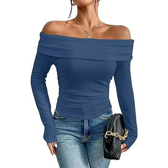 Womens Tops One Off Shoulder Long Sleeve Top Ruched Going Out Tops Slim Fit Y2 K Shirt Crop Long Sleeve Shirts for Women