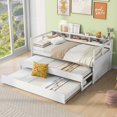 thumbnail image 3 of Twin XL Daybed, Wood Daybed Frame with 2 Trundles, 3 Storage Cubbies, 1 Light for Free and USB Charging Design, Space Saving Bed for Bedroom Guestroom Dorm, No Box Spring Needed, White, 3 of 9