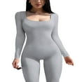 thumbnail image 3 of Women Ribbed Knit Yoga Jumpsuits Square Neck Long Sleeve Bodycon Rompers One-Piece Workout Sports Outfits, 3 of 7