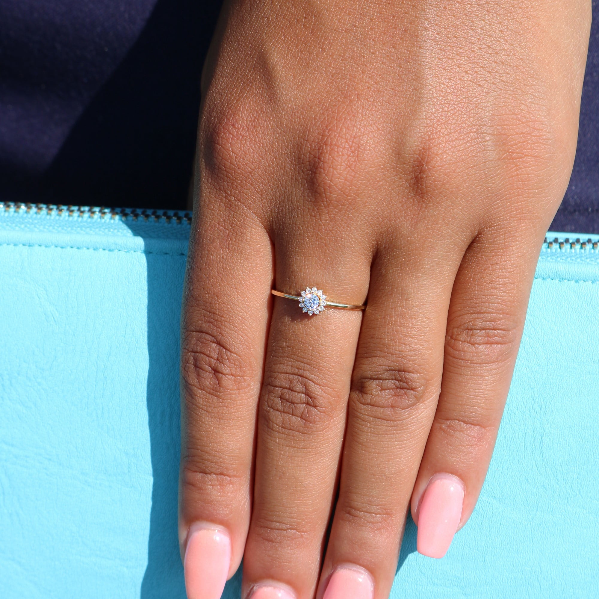 Tilo Jewelry 10K Yellow Gold Dainty Halo Flower Ring with Cubic Zirconia CZ Stones | Size 8 | Women & Unisex