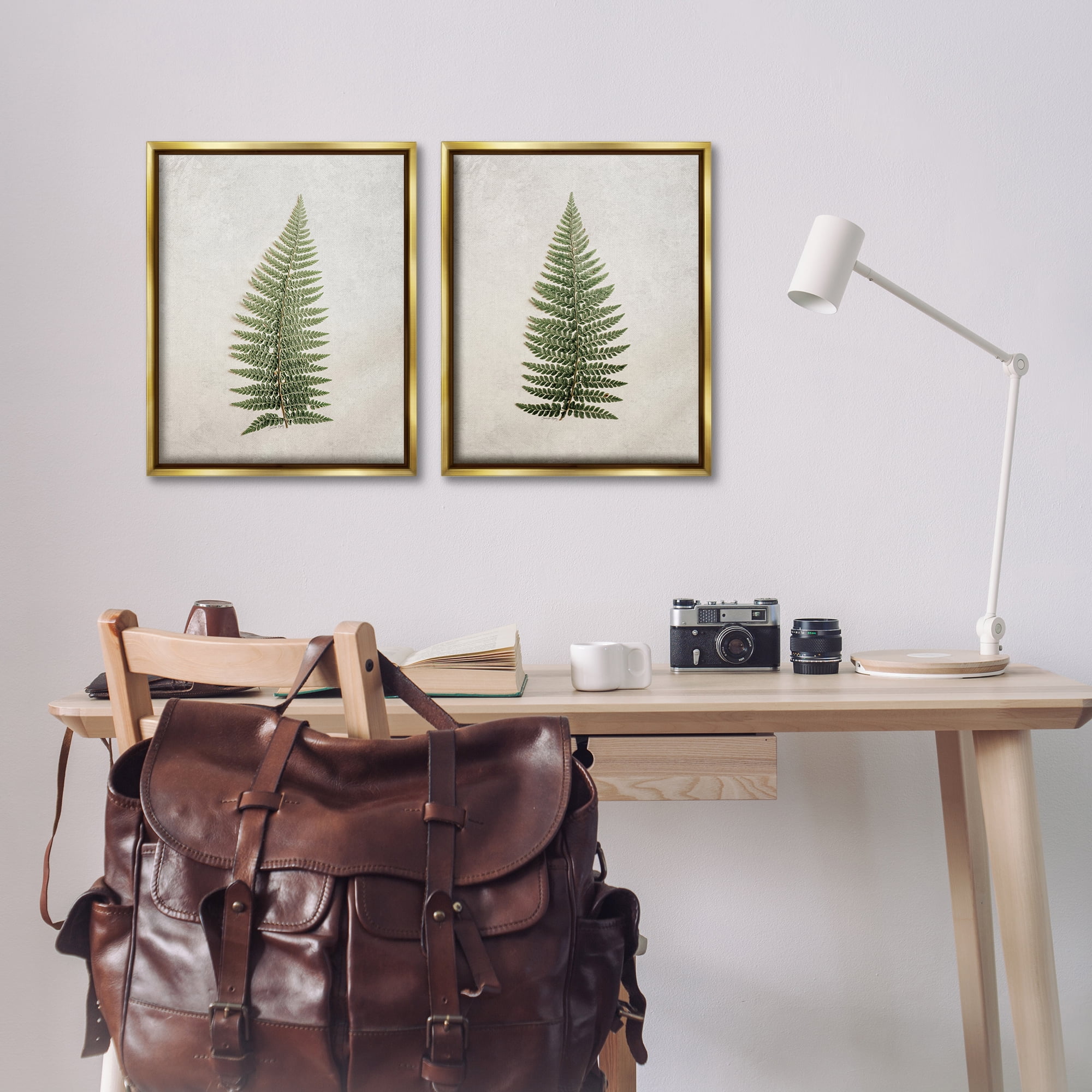 Stupell Industries Realistic Fern Leaves Plants & Flowers Painting Gold Floater Framed Canvas Art Print Wall Art, 17 x 21, Set of 2