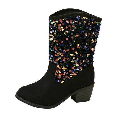 

Kids Sequin Western Cowboy Booties Fashionable Mid Heel High Heel Girls Ankle Boots Black 9.5 Years-10 Years