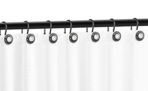 Floral Pearl Finish Shower Curtain Rings and Hooks Set, 12-Piece Matte Black Metal Rings with Hooks for Bathroom Decor