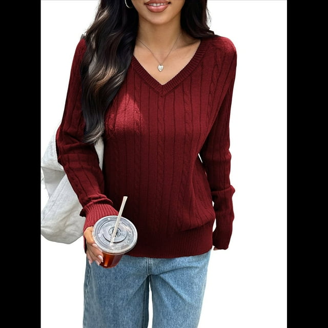 Suéter de Punto de Larga para Mujer, Jersey Ajustado con Cuello en V, Ropa Informal de Negocios para Otoño Vino Tinto L