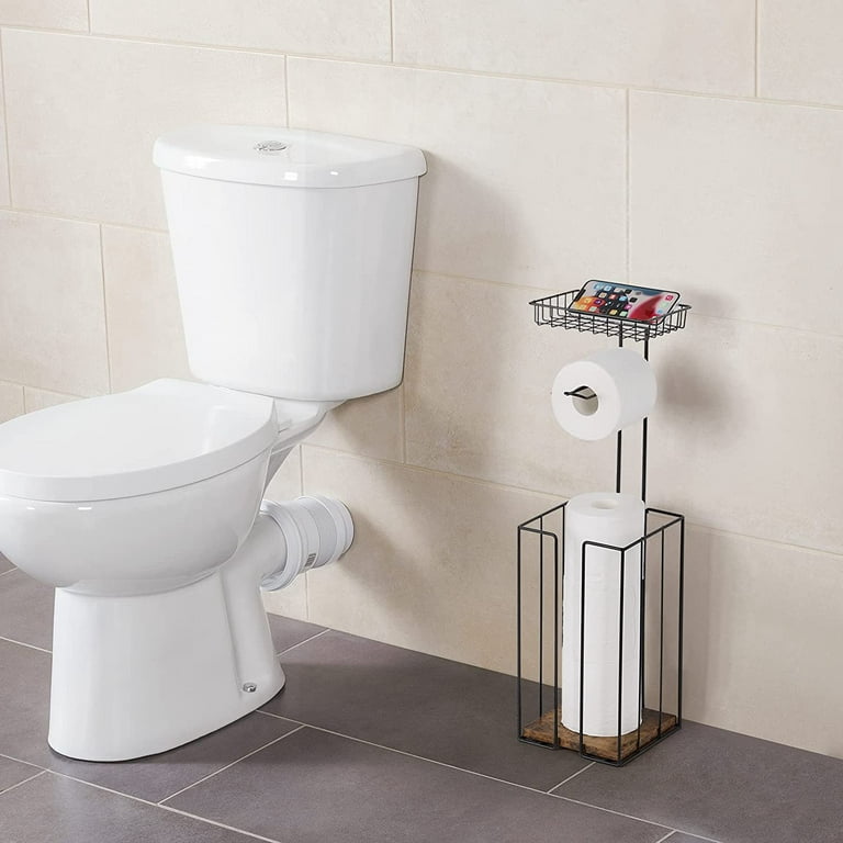 Black Freestanding Toilet Paper Holder Stand with Basket