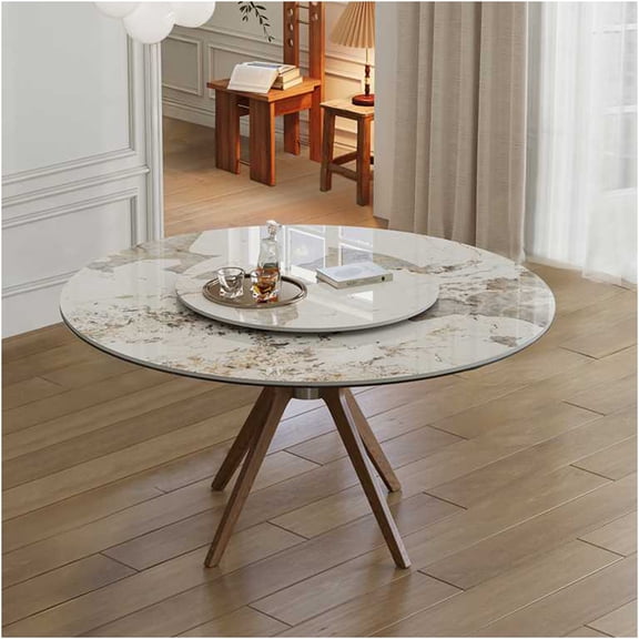 JERFIT 59 inch Round Dining Table with Lazy Susan, White Sintered Stone Top, Modern Kitchen Table for 6-8 with Walnut Wood Base, Scratch Resistant