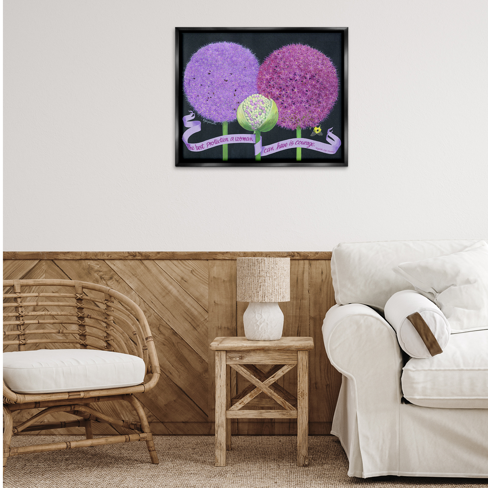 Stupell Industries Feminine Courage Quote Botanical & Floral Painting Black Floater Framed Art Print Wall Art, 31 x 25