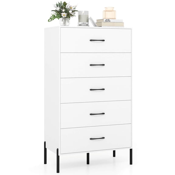 Costway 5-Drawer Dresser with Metal Legs & Handles, Anti-Tipping Kits for Closet, Bedroom White