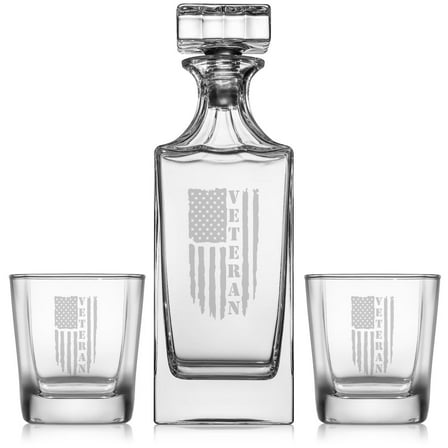Whiskey Decanter Gift Set With 2 Whiskey Old Fashioned Rocks Glasses American Flag Veteran