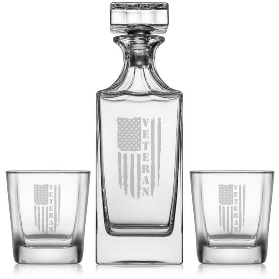 Whiskey Decanter Gift Set With 2 Whiskey Old Fashioned Rocks Glasses American Flag Veteran