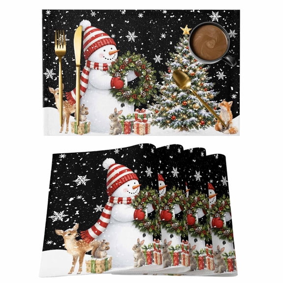 Winter Christmas Snowman Black Placemats Set of 6,Wipeable Washable Table Mats for Dining Tables, Xmas Tree Snowflake Reindeer Place Mats for Kitchen Event Party Tabletop Decor