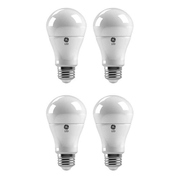 (4 bulbs) GE LED A19, 5 watts, 450 lumens, 4000K Color Temp, long-life low-energy,