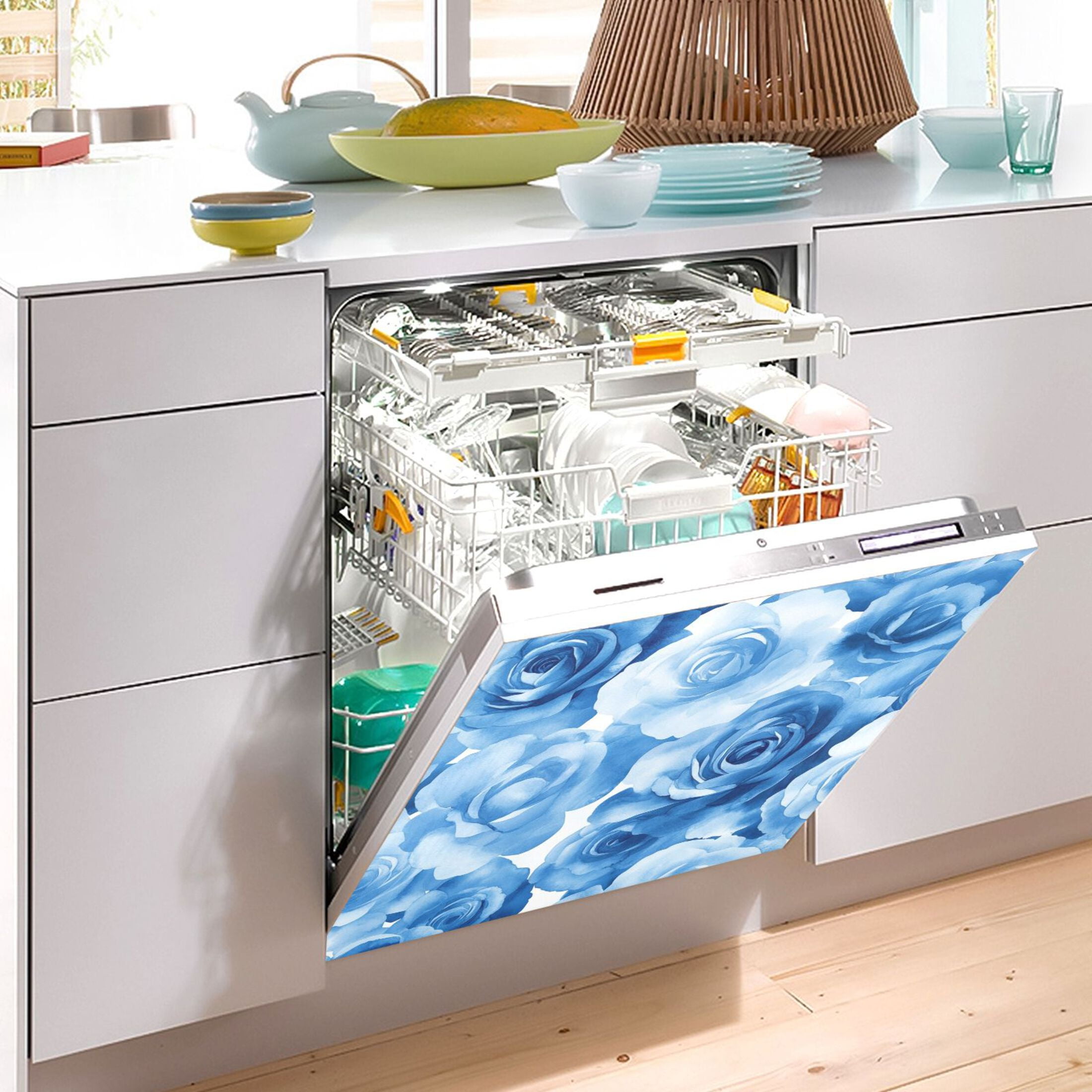 Dishwasher Magnetic Sticker 23x26 Inch Refrigerator Magnetic Sticker Washing Machine Magnetic Sticker Kitchen Panel Magnetic Sticker Home Decor Cartoon Blue Roses Seamless