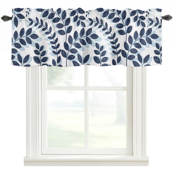 Navy Blue Leaves Rod Pocket Curtain Valance, Summer Farmhouse Botanical Boho Branch Farmhouse Window Valance for Living Room, Bedroom, Kitchen 42"W x 18"L