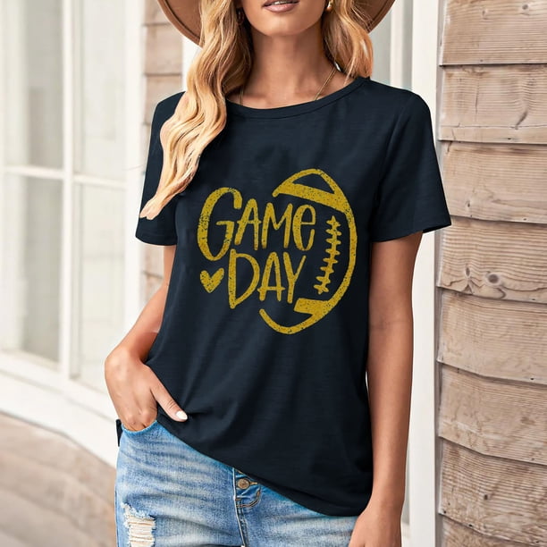 Karight Football Shirts for Women Game Day T Shirts Football Outfits Funny Graphic Tee Casual Short Sleeve Tee Shirts