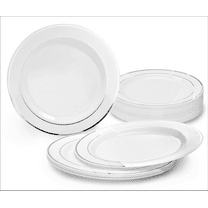 " OCCASIONS" 40 Plates Pack, Heavyweight Disposable Wedding Party Plastic Plates (10.5'' Dinner Plate, White & Silver Rim)