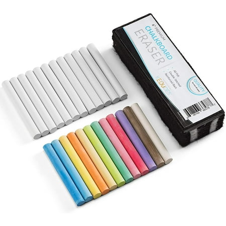 KEDUDES Non-Toxic White and Colored Dustless Chalk (12 Per Box) and Premium Chalkboard Eraser, 2 Pack