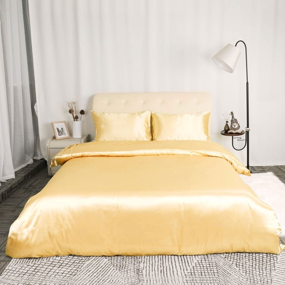Unique Bargains Satin Duvet Cover Set of 3 with 2 Pillowcase Queen Gold Tone
