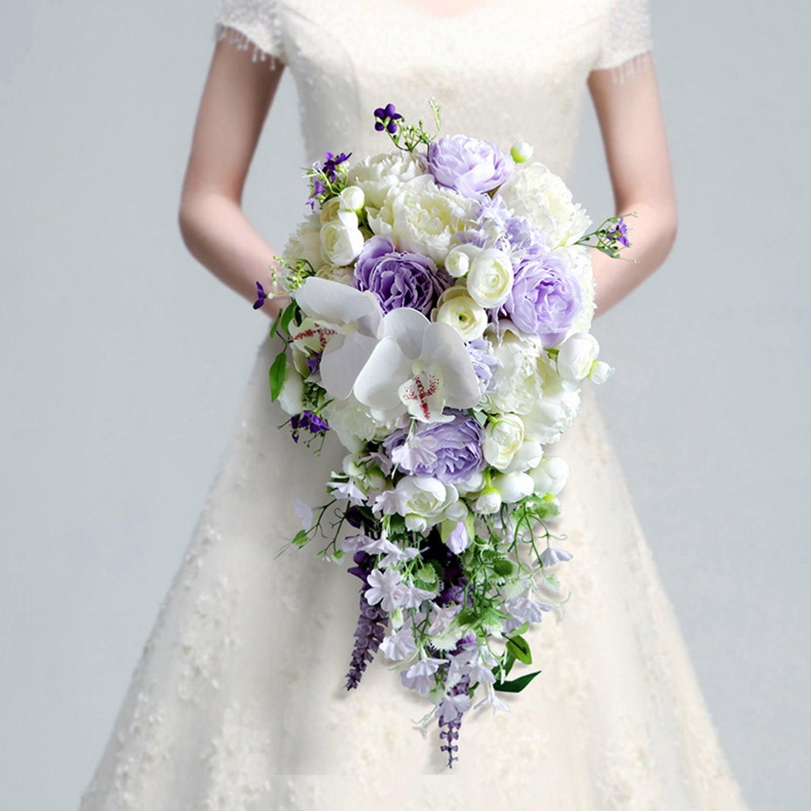 Water Drop Style Bridal Bouquet European Wedding Artificial White Purple Flower Lavender Waterfalls Holding Flowers