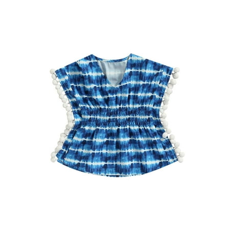 

0-5M Baby Toddler Girls Batwing Swimsuit Cover up Short Sleeve Beach Dresses Tassels Cover Up Rash Guards