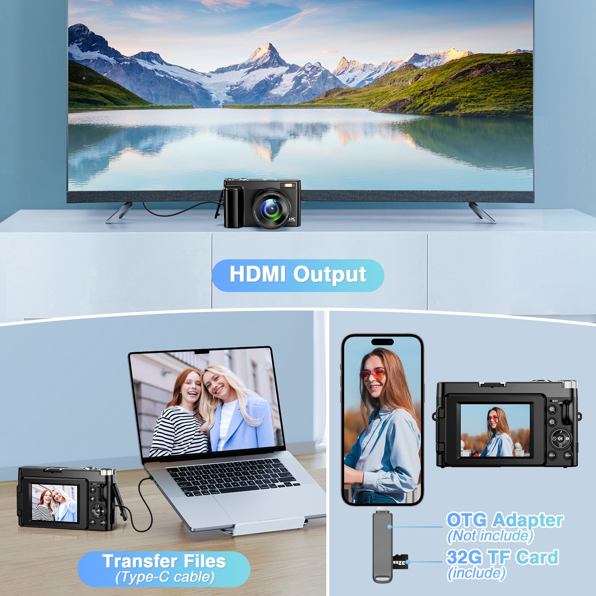 Vlogging Camera 4K Digital Camera with Autofocus, 180° Flip Screen 48MP Video Cameras Camcorder for Photography and YouTube, Includes 32GB Card, UV Lens & 16X Zoom (Black)