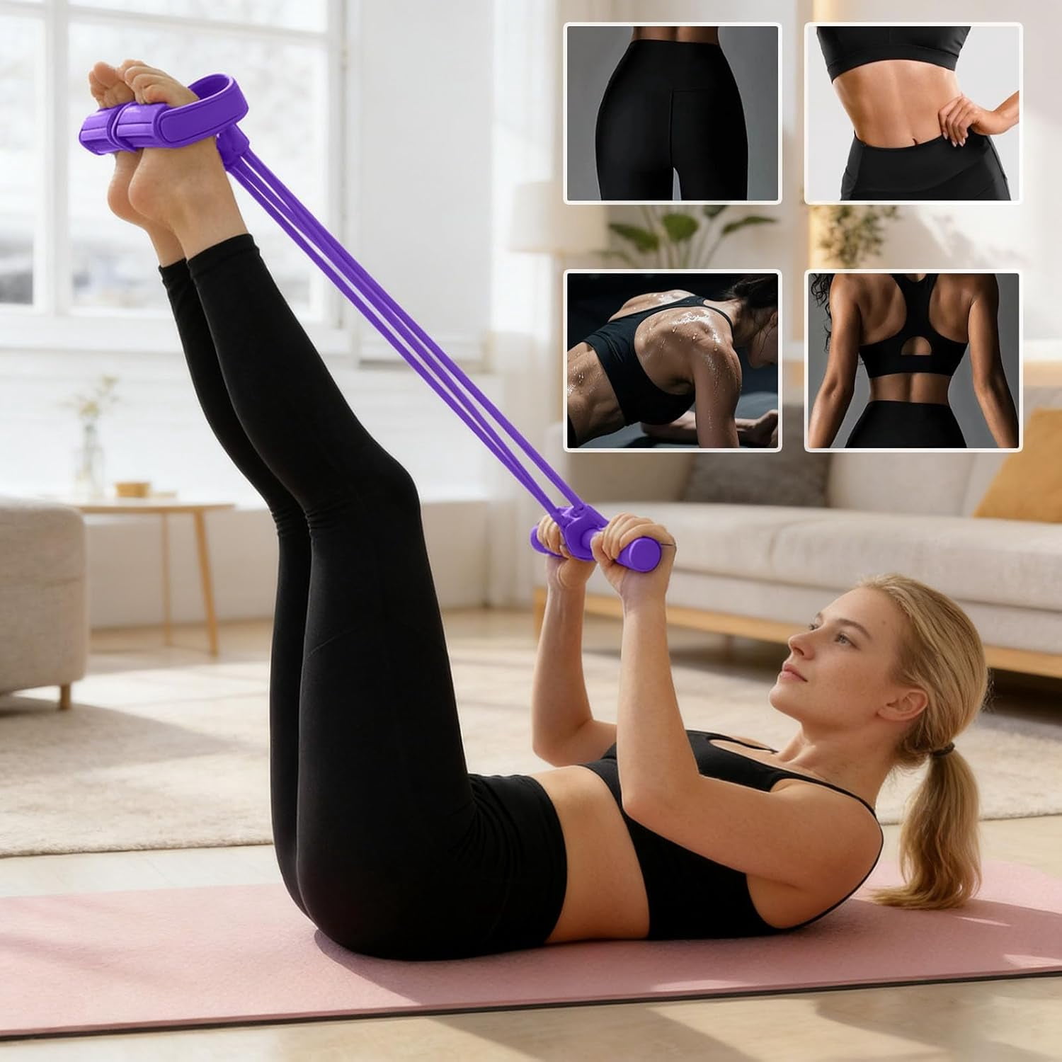 Elastic Pedal Resistance Bands with Non-Slip Handles, Multifunction Tension Rope, for Full Body Workout, Yoga and Stretching（purple）