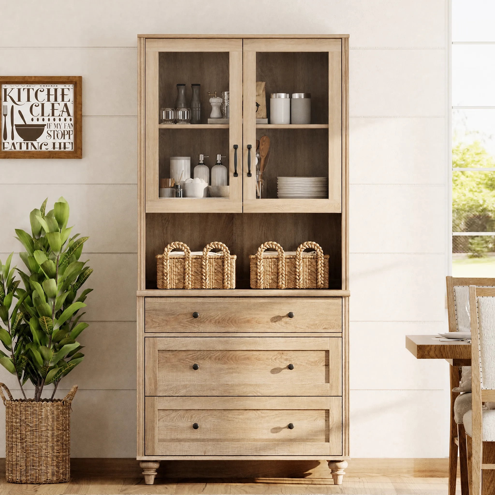 Sideboard Buffet Cabinet with Storage, Morden Bookcase, Bookshelf with 3 Wood Drawers, Farmhouse Library Bookshelves for Living Room, Office, Study Room, Kitchen, Oak, 72" H