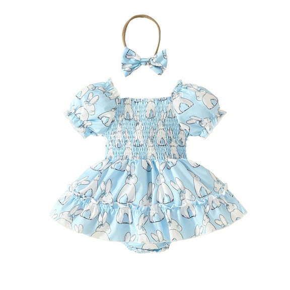 Tisuna Girls Romper Dress Newborn Infant Rabbit Print Short Sleeve Crew Neck Dresses Comfortable Soft Girls Summer Easter Jumpsuit Size 9-12 Months