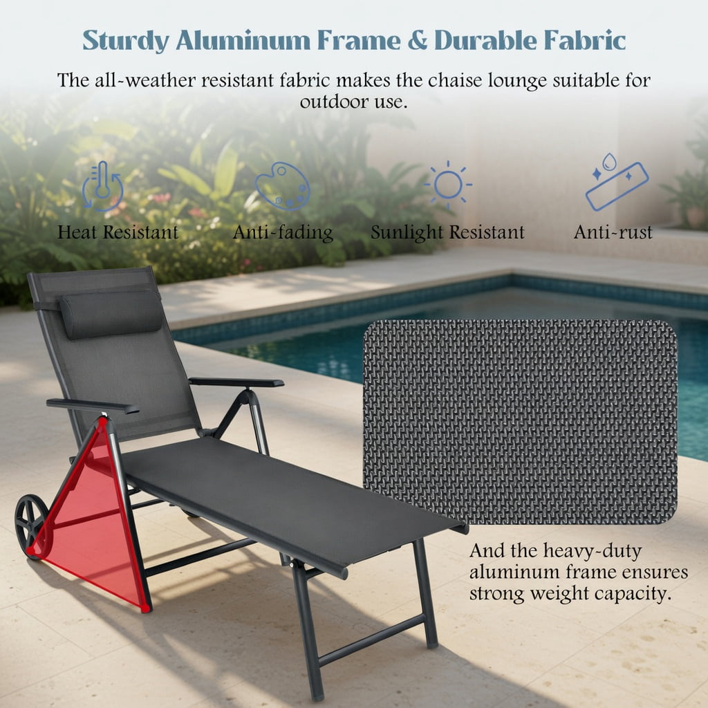 Hommoo Adjustable Outdoor Lounge Chair with Wheels, Aluminum Patio Recliner with Neck Pillow & 7-Position Backrest for Backyard, Poolside & Deck, Gray