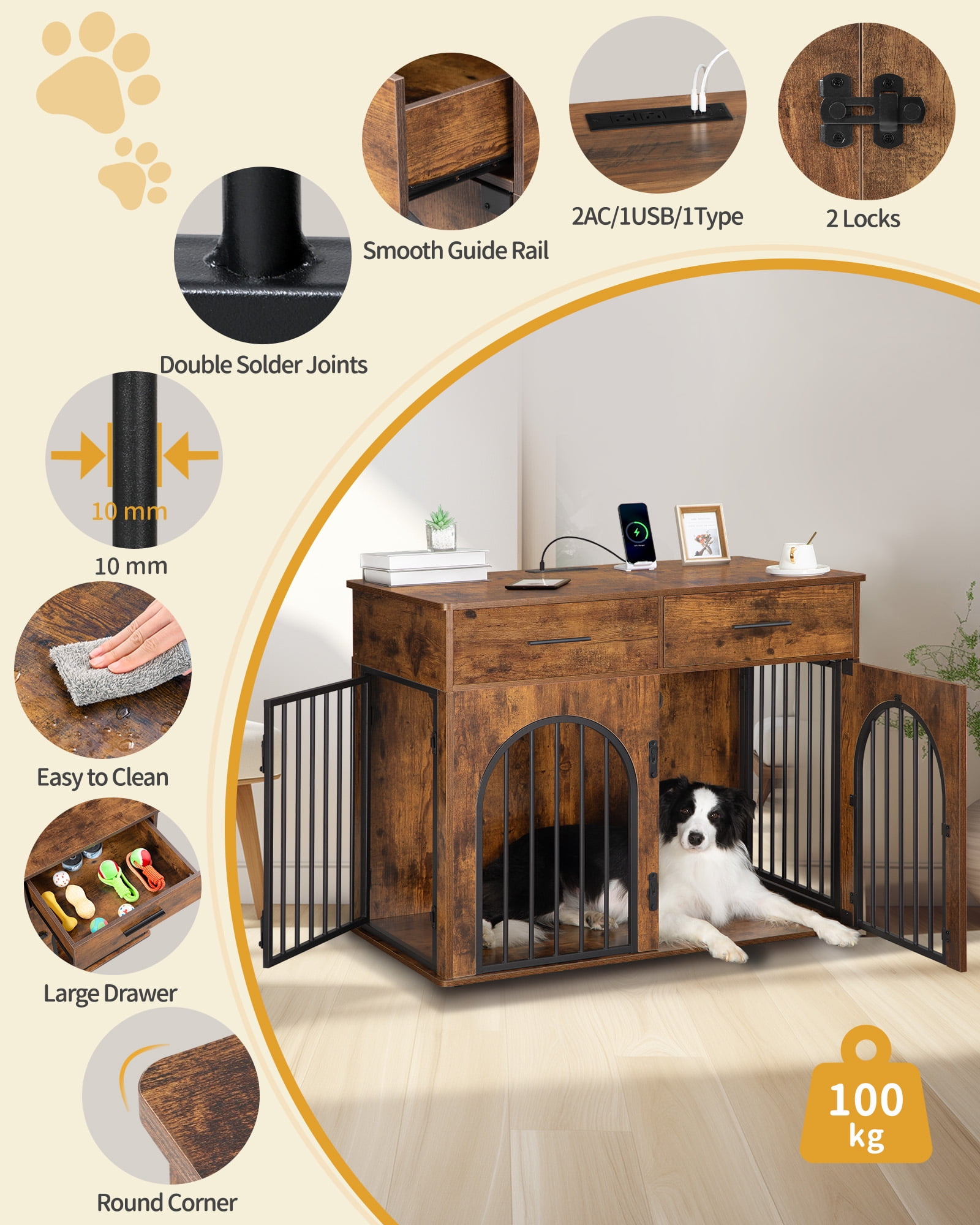 39.4"Wooden Dog Crate Furniture with 2 Drawers, Charging Station,for Medium/Large Dogs,Rustic Brown