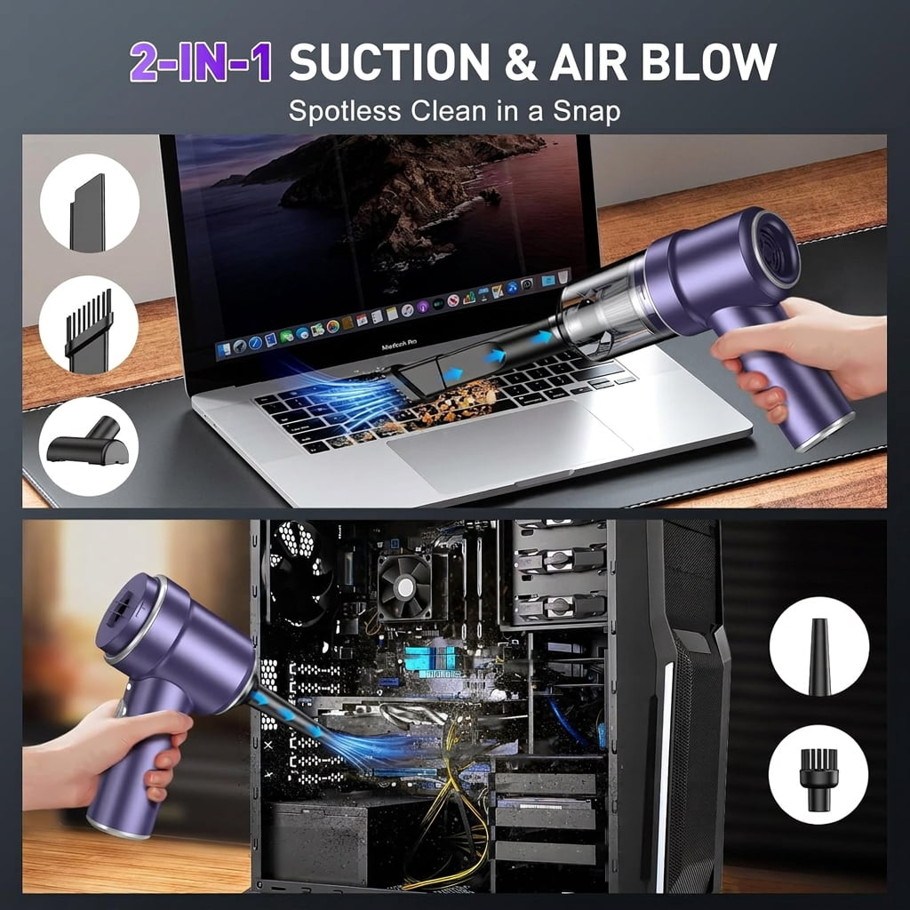 Handheld Car Vacuum Cleaner Cordless, 2 in 1 Vacuum and Air Duster, Rechargeable Portable Mini Vacuum with Multi Nozzles and LED Light for Car, Home and Office