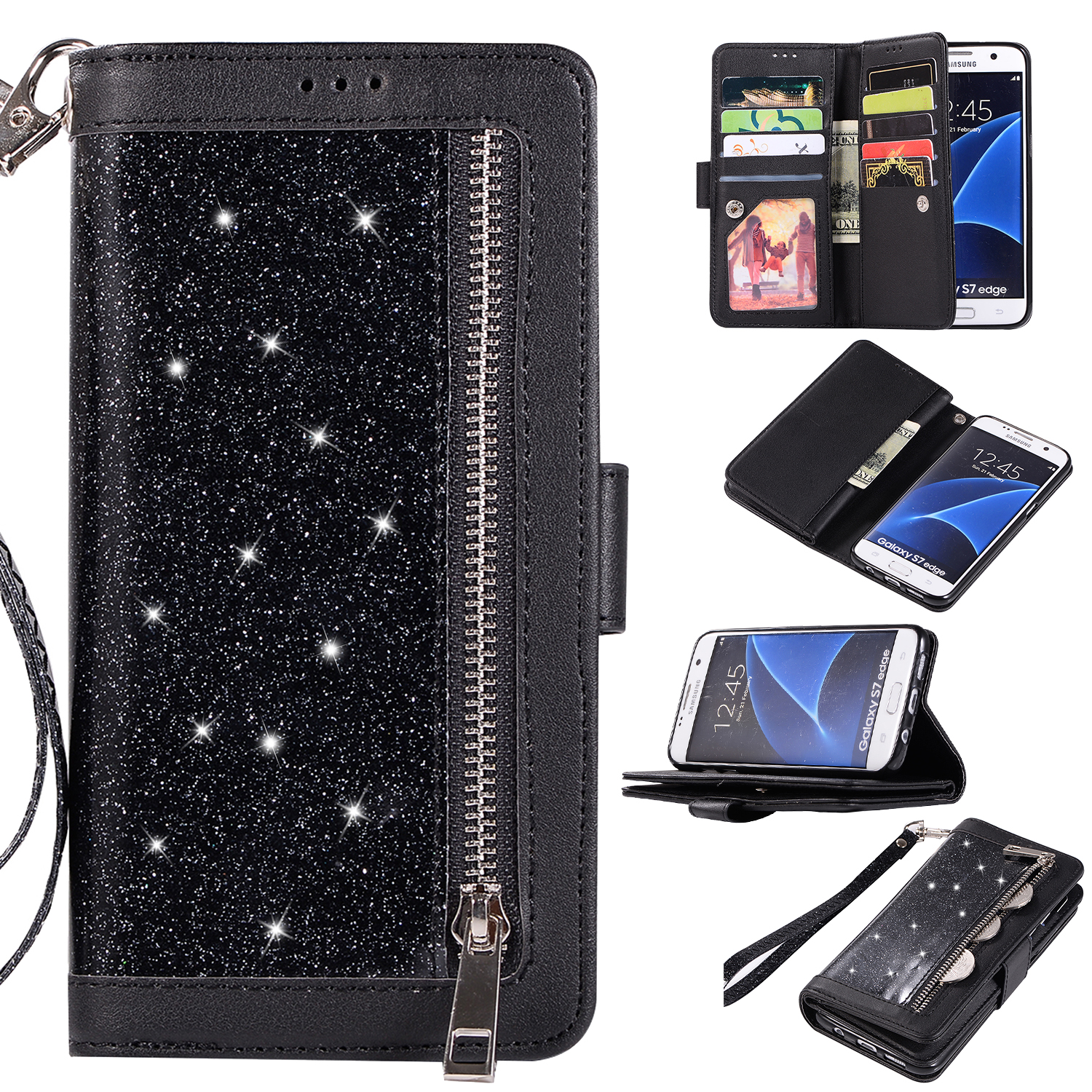 Zipper Wallet Case for Samsung Galaxy S7 Edge Phone, Allytech Bling