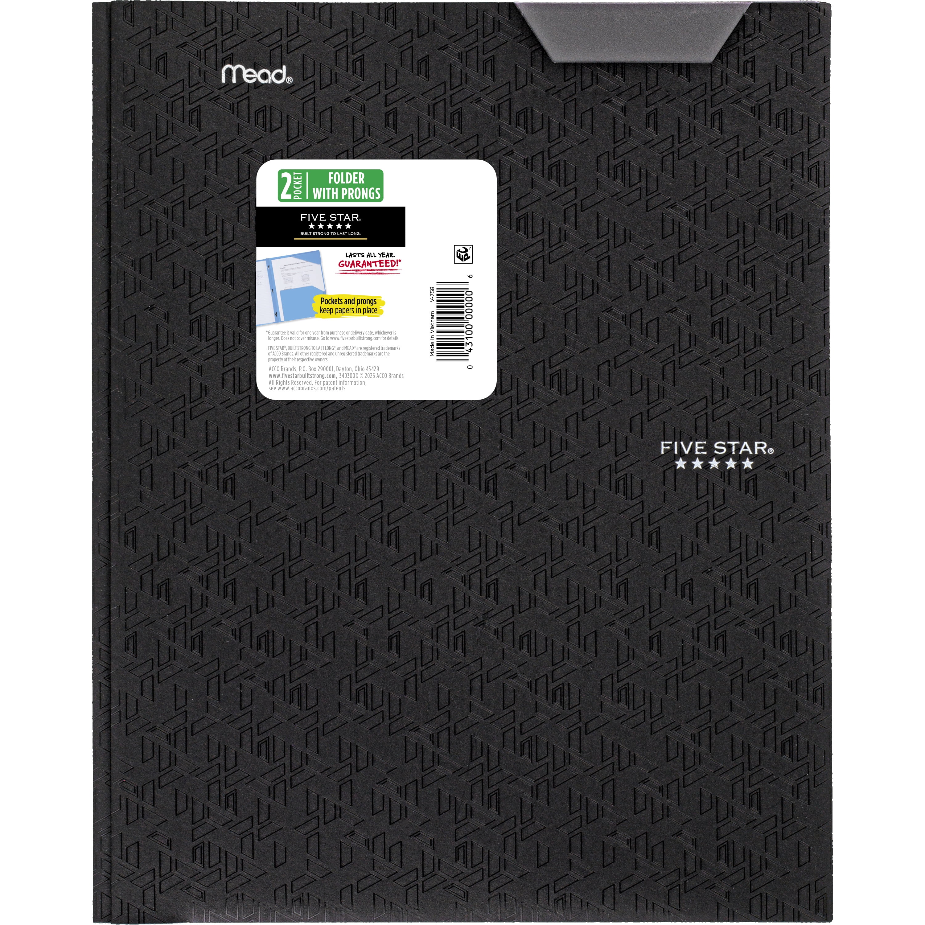 Five Star, Stay-Put Plastic and Prong Folder, Black, 8 1/2